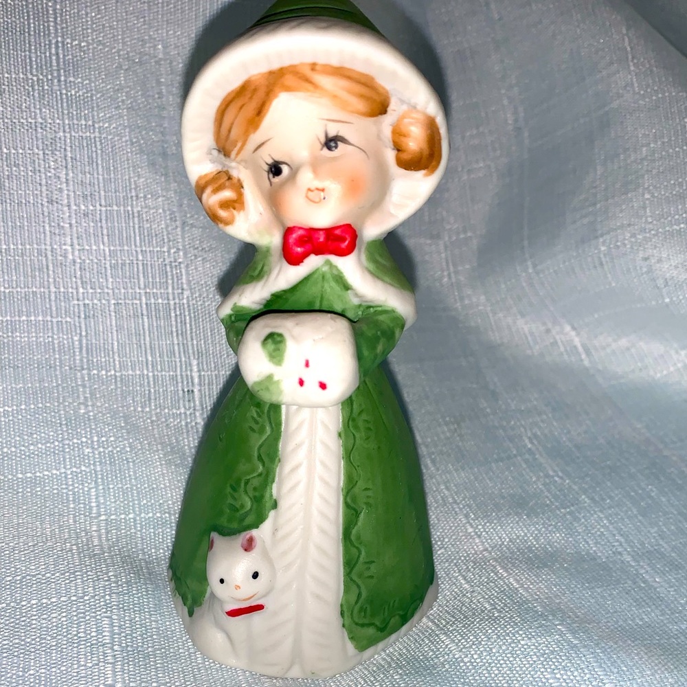 Vintage 1978 Jasco Merri Bell Christmas Painted Porcelain Girl Green Cat